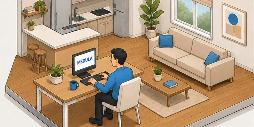 Evinde masasında oturup Medula ekranında çalışan bir kişinin izometrik çizimi.